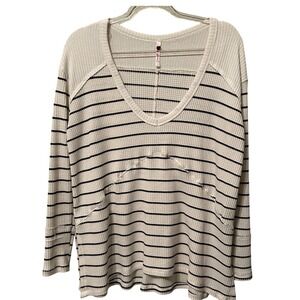 Poof! Womens Waffle Knit Striped V-Neck Thermal Top Ivory Black Large 120786